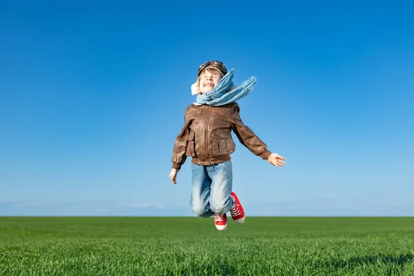 Happy Child Jumping Outdoor Spring Green Field Kid Having Fun — Stock Photo, Image