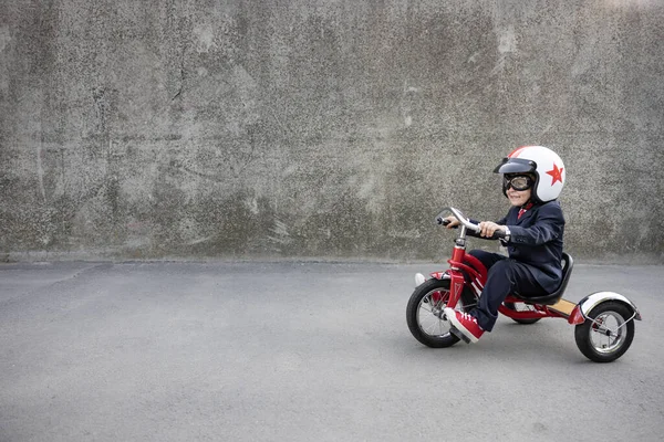 Happy Child Pretend Businessman Funny Kid Riding Bike Outdoor Back — Fotografia de Stock