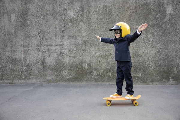 Happy Child Pretend Businessman Funny Kid Riding Skateboard Outdoor Back — Foto Stock