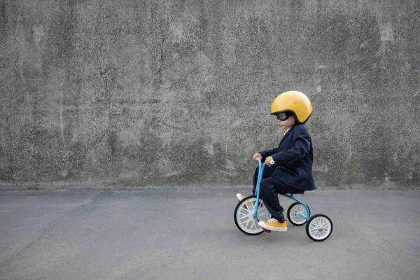 Happy Child Pretend Businessman Funny Kid Riding Bike Outdoor Back — Stockfoto