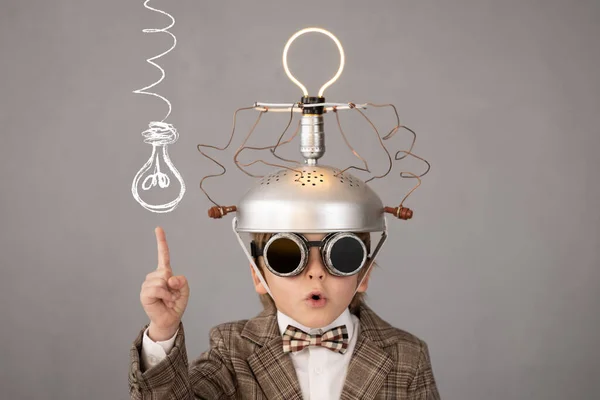 Smart Child Pretend Businessman Funny Kid Wearing Helmet Lightbulb Education — Stockfoto