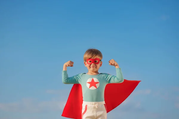 Superhero Child Playing Outdoor Super Hero Kid Blue Summer Sky — Stock Photo, Image