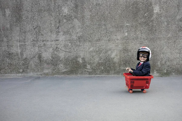 Happy Child Pretend Businessman Funny Kid Riding Shopping Cart Outdoor — Stock Photo, Image