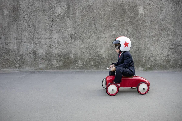 Happy Kid Pretend Businessman Funny Child Driving Retro Kids Car — Stock Photo, Image