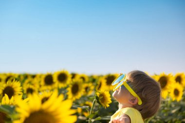 Mutlu çocuk bahar ayçiçeği tarlasında eğleniyor. Mavi gökyüzü arka planında bir çocuğun açık hava portresi