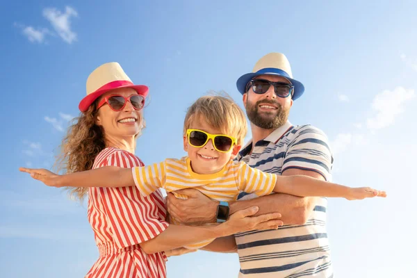 Happy Family Having Fun Beach Mother Father Holding Son Blue — Stock Photo, Image