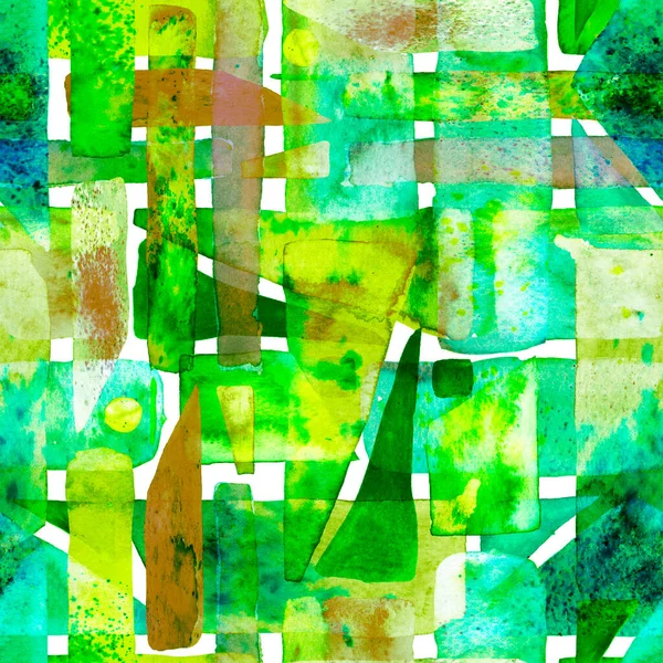水彩トレンディアート アフリカ ブラシストローク バウハウスのシームレスなパターン 楽しい幾何学 緑と鉄のフリーハンド水彩線 70年代カラーキュビズムイラスト 有機的背景 — ストック写真