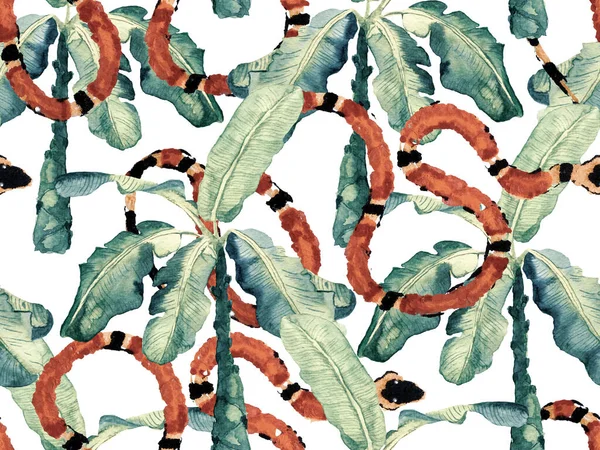 Aspid Zökkenőmentes Minta Kézzel Rajzolt Trópusi Minta Zöld Piros Elapidae — Stock Fotó