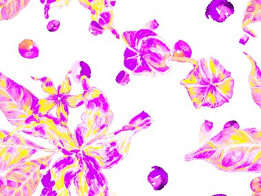 Çiçek Ayurveda deseni. Biyo Jasmin Kusursuz Şablon. Proton Purple Vibrant Sakura ve Jasmine Print. Suluboya Turuncu Çiçek ve Yapraklar. Yaz Vintage Arkaplanı.