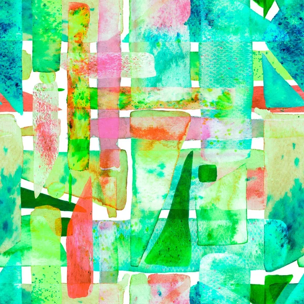 有机背景 水彩画潮流艺术 非洲地理笔划 有趣的几何 绿色和Teal Freehand水彩线 70年代的彩色立方体图解 包豪斯无缝图案 — 图库照片