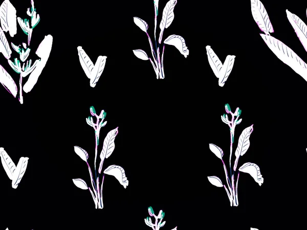 シンプルなトロピカルクリーンシームレスパターン モノクロームとグレースケールナイーブドードルジャングルデザイン 花のクリエイティブ夏プリント エキゾチックな水着の葉の背景 手描きハワイの森イラスト — ストック写真