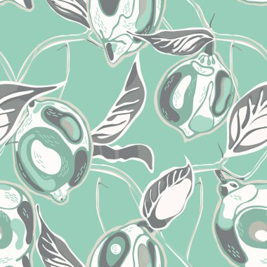 Limonsuz desen. Modern El Çizimi Arkaplanı. Psikedelik Citron Motifi. Yeşil ve Gri İşaretli Limon. Botanik Çizimi. Vektör Summer Citrus Yazdırma.