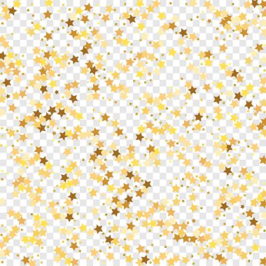 Şeffaf Arkaplan 'da Star Sequin Konfeti. İzole edilmiş bir doğum günü kartı. Golden Stars Banner 'da. Vektör Altın Parıltısı. Yere Düşen Parçacıklar. Hediye kartı şablonu. Noel Partisi Çerçevesi.