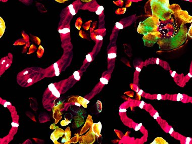 Aspid Pürüzsüz Düzen. Yılan Derisi Parmak izi. Zehirli Ejder Taklidi. Yeşil ve Kırmızı El Tropikal desenli. Afrika Safari Deri ve Flora İllüstrasyon. Elapidae Egzotik Geçmişi.