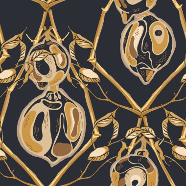 Limonsuz desen. Basit İşaretli Kireç. Botanik Çizimi. Vector Summer Citrus Yazdırma. Psikedelik Citron Motifi. Sarı Altın Çağdaş El Çizimi Arkaplan.