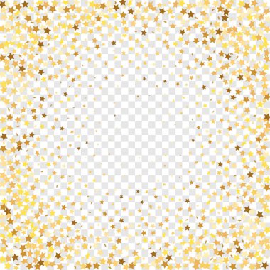 Şeffaf Arkaplan 'da Star Sequin Konfeti. İzole edilmiş bir doğum günü kartı. Golden Stars Banner 'da. Noel Partisi Çerçevesi. Hediye kartı şablonu. Vektör Altın Parıltısı. Yere Düşen Parçacıklar.