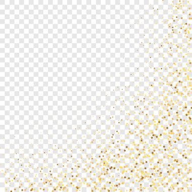 Şeffaf Arkaplan 'da Star Sequin Konfeti. Hediye kartı şablonu. Vektör Altın Parıltısı. Yere Düşen Parçacıklar. Noel Partisi Çerçevesi. İzole edilmiş bir doğum günü kartı. Altın Yıldızlar Bayrağı.