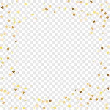 Şeffaf Arkaplan 'da Star Sequin Konfeti. İzole edilmiş bir doğum günü kartı. Golden Stars Banner 'da. Vektör Altın Parıltısı. Yere Düşen Parçacıklar. Hediye kartı şablonu. Noel Partisi Çerçevesi.