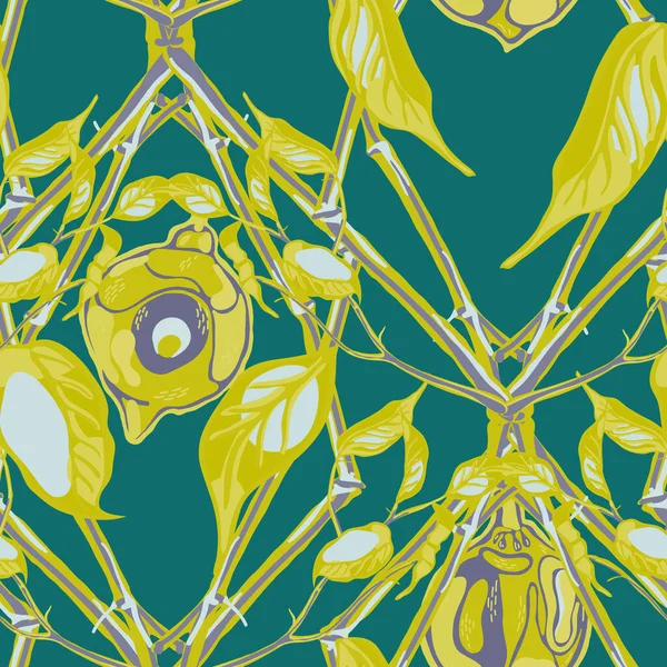 Limonsuz desen. Yeşil ve Gri Modern El Çizim Arkaplanı. Vector Summer Citrus Yazdırma. Basit İşaretli Kireç. Botanik Çizimi. Psikedelik Citron Motifi.