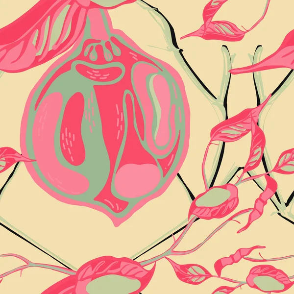 Limonsuz desen. Yeşil Kül ve Pembe İşaretli Kireç. Botanik Çizimi. Vector Summer Citrus Yazdırma. Psikedelik Citron Motifi. Modern El Çizimi Arkaplanı.