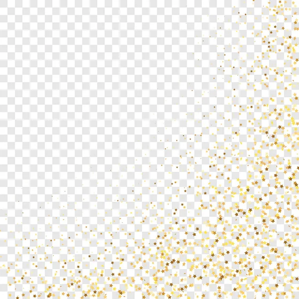 Şeffaf Arkaplan 'da Star Sequin Konfeti. Hediye kartı şablonu. Vektör Altın Parıltısı. Yere Düşen Parçacıklar. Noel Partisi Çerçevesi. İzole edilmiş bir doğum günü kartı. Altın Yıldızlar Bayrağı.