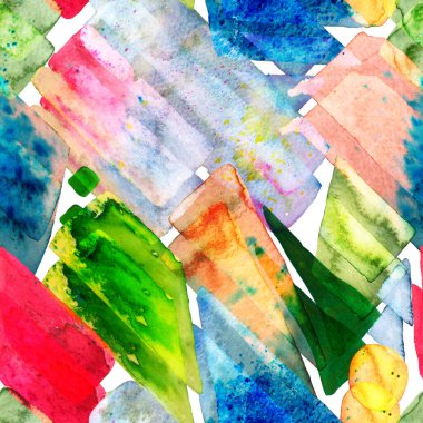 Eğlenceli Geometri. Suluboya Moda Sanatı. Afrika Geo Fırça darbesi. Freehand Suluboya Hatları. 70 'lerin Renkli Kübizm İllüstrasyonu. Tidewater Yeşili, Kırmızı ve Mavi Bauhaus Kusursuz Şablon. Organik Arkaplan.