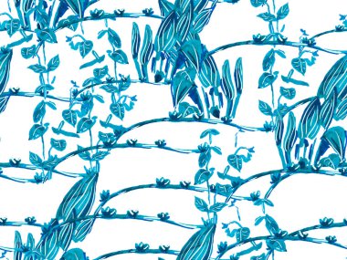 Basit Tropikal Temiz Kusursuz Düzen. Mavi ve İndigo Egzotik Mayo Yeşilliği. Çiçek Yaratıcı Yaz Baskısı. El Çizimi Hawaii Ormanı Çizimi. Saf Doodle Orman Tasarımı.