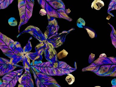 Canlı Sakura ve Jasmine Print. Yaz Vintage Arkaplanı. Çiçek Ayurveda deseni. Biyo Jasmin Kusursuz Şablon. Suluboya Turuncu Çiçek ve Yapraklar. Proton Mor