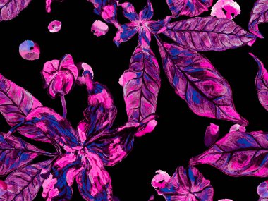 Canlı Sakura ve Jasmine Print. Yaz Vintage Arkaplanı. Biyo Jasmin Kusursuz Şablon. Suluboya Turuncu Çiçek ve Yapraklar. Kızıl Çiçek Ayurveda Kalıbı.