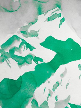 Asya Yürüyüşü Rocky arka planı. Çağdaş Geometrik Çizim. Dağ Çizimi. Yeşil ve gri Himalayalar. Suluboya Kore baskısı. Biçimli Japon Suluboya Dağları.