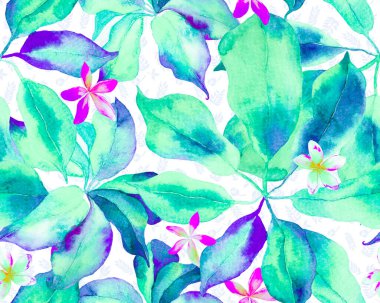 Schefflera Arboricola Kusursuz Düzen. Evergreen Variegated Walisongo Bitkisi ve Egzotik Çiçekler. Botanik Suluboya Yazdırma. Green ve Teal Schefflera Aktinophylla Hayata Tekrarlanan Süs