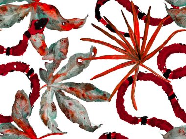 El çizimi tropik desen. Afrika Safari Deri ve Flora İllüstrasyon. Yeşil ve Kırmızı Yılan Derisi Parmak izi. Zehirli Ejder Taklidi. Elapidae Egzotik Geçmişi. Asspid Kusursuz Desen.