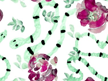 Aspid Pürüzsüz Düzen. El çizimi tropik desen. Yeşil ve Kızıl Afrika Safari Deri ve Flora Illustration. Elapidae Egzotik Geçmişi. Yılan Derisi Parmak izi. Zehirli Ejder Taklidi.