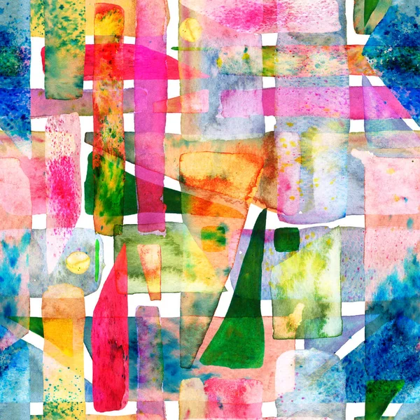 自由手水彩线 70年代的彩色立方体图解 水彩画潮流艺术 非洲地理笔划 有机背景 潮水绿色 红色和蓝色的乐趣几何 包豪斯无缝图案 — 图库照片
