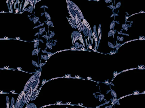 シンプルなトロピカルクリーンシームレスパターン ブルーとインディゴナイーブのドードルジャングルデザイン 花のクリエイティブ夏プリント エキゾチックな水着の葉の背景 手描きハワイの森イラスト — ストック写真