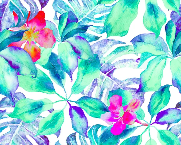 Schefflera Arboricola Seamless Pattern. Schefflera Actinophylla Hayata Repeated Ornament Botanical Watercolor Print. Evergreen Variegated Walisongo Plant with Exotic Flowers. Green and Teal