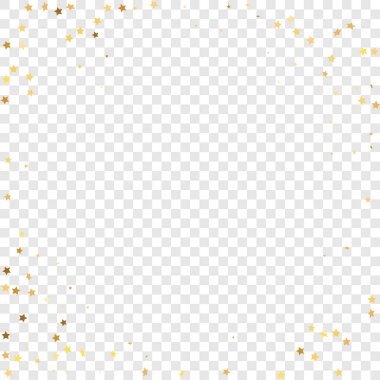 Şeffaf Arkaplan 'da Star Sequin Konfeti. Hediye kartı şablonu. Noel Partisi Çerçevesi. Vektör Altın Parıltısı. Yere Düşen Parçacıklar. İzole edilmiş bir doğum günü kartı. Altın Yıldızlar Bayrağı.