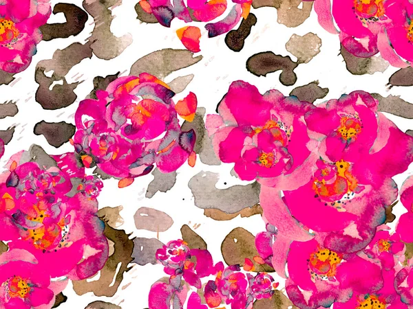 Acquerello Rose Peonia Foglie Modello Senza Soluzione Continuità Sfondo Fiore — Foto Stock