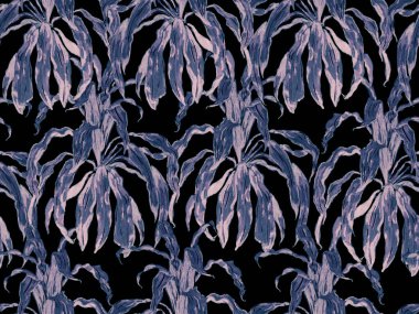 Basit Tropikal Temiz Kusursuz Düzen. Blue and Indigo Hand Hawaii Ormanı İllüstrasyonu. Egzotik Mayo Yeşilliği. Çiçek Yaratıcı Yaz Baskısı. Saf Doodle Orman Tasarımı.