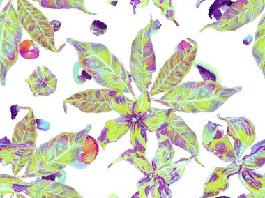 Suluboya Turuncu Çiçek ve Yapraklar. Canlı Sakura ve Jasmine Print. Yaz Vintage Arkaplanı. Çiçek Ayurveda deseni. Biyo Jasmin Kusursuz Şablon. Yeşil ve Su Mentonu