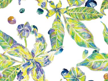 Çiçek Ayurveda deseni. Canlı Sakura ve Jasmine Print. Biyo Jasmin Kusursuz Şablon. Yaz Vintage Arkaplanı. Suluboya Turuncu Çiçek ve Yapraklar. Yeşil ve Su Mentonu