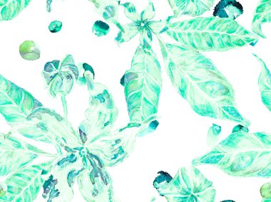 Canlı Sakura ve Jasmine Print. Yeşil ve Aqua Menthe Ayurveda deseni. Suluboya Turuncu Çiçek ve Yapraklar. Biyo Jasmin Kusursuz Şablon. Yaz Vintage Arkaplanı.