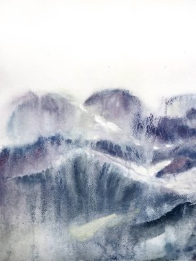 Dağ Çizimi. Asya Yürüyüşü Rocky arka planı. Çağdaş Geometrik Çizim. Şekillendirilmiş Japon Suluboya Dağları. Eğlenceli Himalayalar. Suluboya Kore baskısı. Monokrom ve Gri Pul