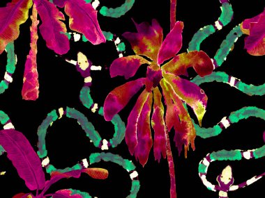 Elapidae Egzotik Geçmişi. Yılan Derisi Parmak izi. Zehirli Ejder Taklidi. Aspid Pürüzsüz Düzen. El çizimi tropik desen. Yeşil ve Kızıl Afrika Safari Deri ve Flora İllüstrasyon.