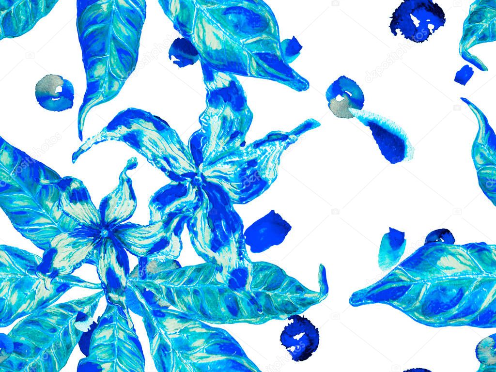 Bio Jasmin Seamless Pattern. Classic Blue and Indigo Summer Vintage Background. Vibrant Sakura and Jasmine Print. Watercolor Citrus Orange Blooming Flowers and Leaves. Floral Ayurveda Pattern.