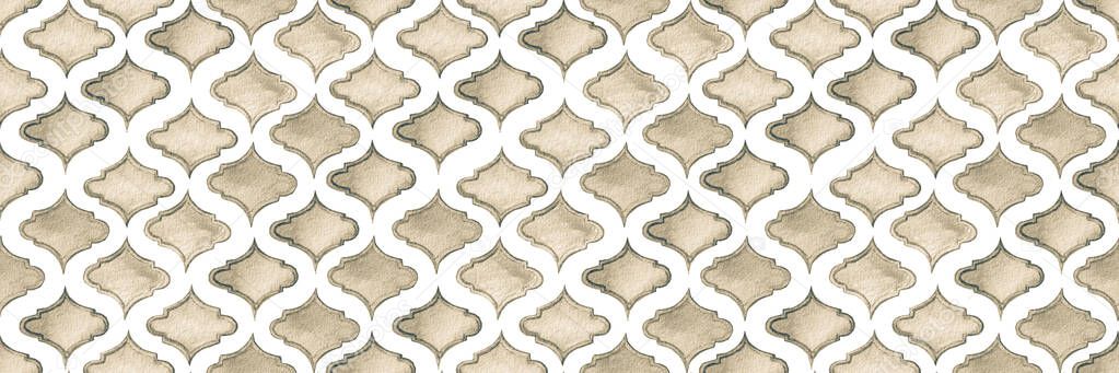 Quatrefoil Seamless Pattern for Header. Monochrome and Greyscale Geometric Morrocan Tile. Lattice Marrakesh Watercolor Header. Damask Print. Rhombus Majolica Background. Barbed Watercolour Trellis.