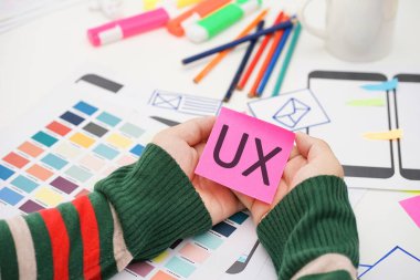 Creative top view photo of UX UI designer working space. User experience concept