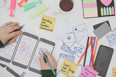 Yaratıcı tasarımcılar akıllı telefon ekranında kablo çizim tasarımı modeli tasarlıyorlar. Kullanıcı deneyimi kavramı