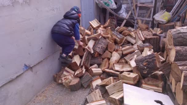 Junge spielt mit Feuerholz — Stockvideo