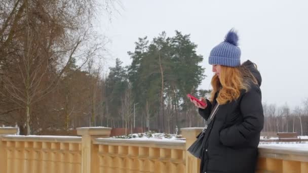 Donna con smartphone nel parco invernale — Video Stock
